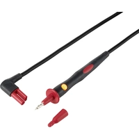 Ein rotes Prüfspitzengerät mit abnehmbarer Kappe und schwarzem Kabel, verwendet für elektrische Tests und Messungen.